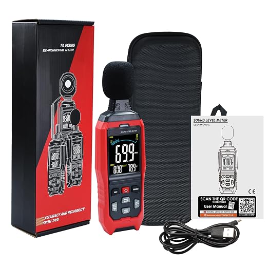 Decibel Meter Data Logger Large LCD Sound Level Meter Noise Meter A/C/Z Weighting High Accuracy Sound Meter with Audible Visual Alarm Data Recording Fast/Slow Temperature for Classroom Noisy Neighbor