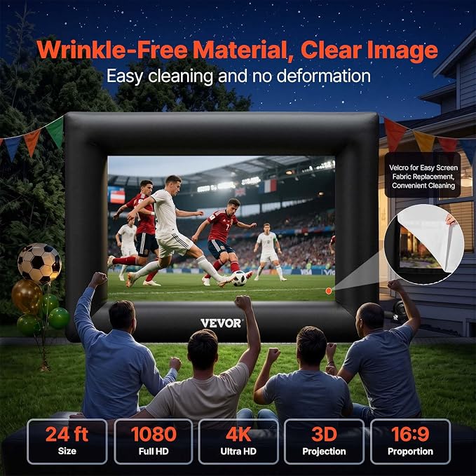VEVOR Inflatable Projector Screen for Outdoor Use with 350W Air Blower, Oxford Fabric Material, Supports Front/Rear Projection,Black