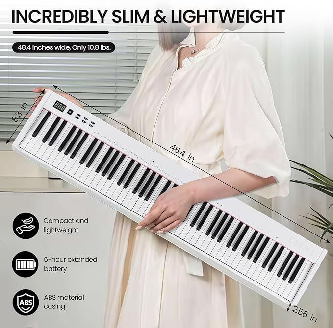 Carina 88 Key Piano Keyboard with Semi-Weighted Keys Portable Piano, 128 Tones, Speakers, USB-MIDI, Carry-Bag, Sustain Pedal, Electric Keyboard Piano for Beginners, (White)