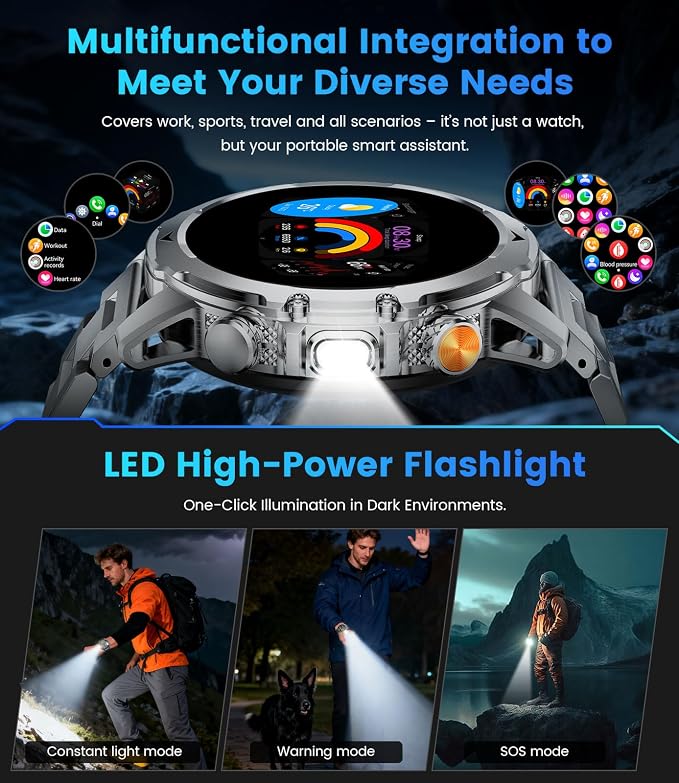 FITFLEX Military Smart Watches for Men with Answer/Make Call, 1.53“ HD Smart Watch with 1000 mAh Battery/LED Torch/120+Sports/Waterproof IP68, Watch for Men Compatible with Android/iOS(Silver)