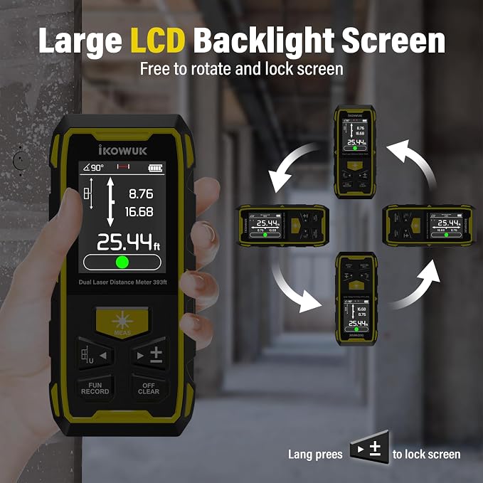 IKOVWUK Dual Laser Measuring Tool, 393FT/120M Bilateral Laser Distance Meter 6 Unit Switching, Rechargeable Digital Laser Measure with Backlit LCD Display, Angle Sensor, Multiple Measure Mode
