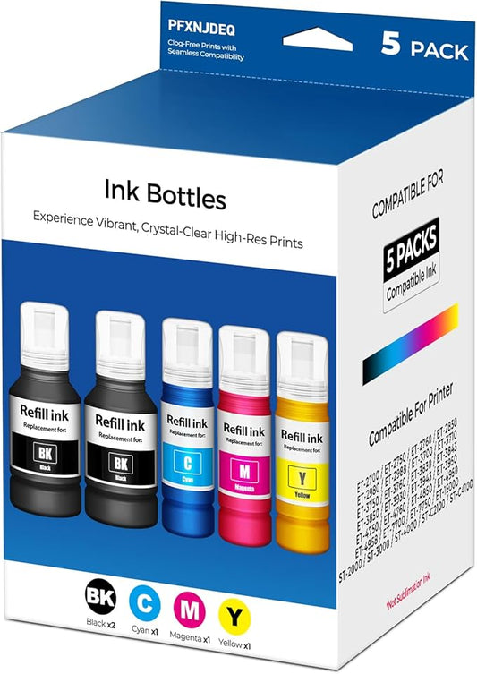 Compatible for EPT502 Ink Refill Bottle 5-Pack Eco Tank ET-2850 ET-3850 ET-4850 ET-15000 Ink Refill Bottles for ET 2850 ET 3850 ET 4850 ET 15000 ET 4950 ET-2980 ET-2760 ET-3843 ET-3950 ET-4950 ET-3760