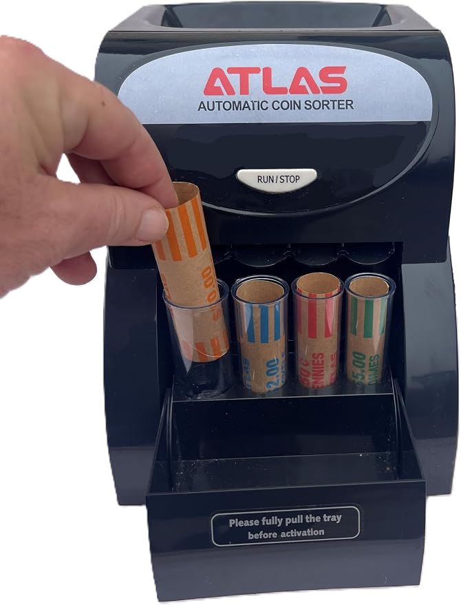 ATLAS Automatic Coin Sorter (AC-1QS), Accurately Sorts 156 Coins per Minute, 200 Coin Hopper with Starter Assortment of Quarter, Penny, Nickel, Dime Preformed Coin Wrappers. | Quickly sort up to 3 rolls of coins per minute