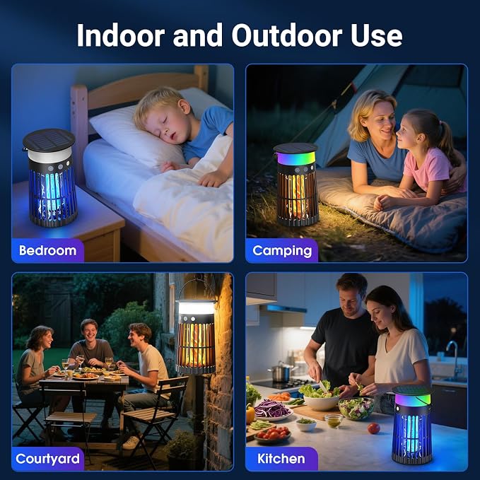 Solar Bug Zapper Outdoor, Portable Electric Mosquito Killer with Panel Sensor, Rechargeable Insect Trap with LED Night Light and Flame Effect, Ideal for Outside Patio, Backyard, and Camping (1 Pack)
