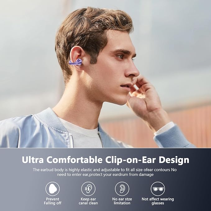 Ultra Open Ear Headphones Bluetooth 5.3 Wireless Bone Conduction Clip On Earbuds with Digital Display Charging Case 60 Hours Playtime Sport Earphones IPX7 Waterproof for Running Fitness Purple