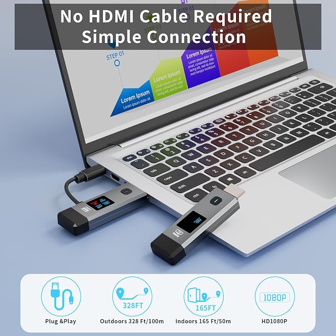 Wireless HDMI Transmitter and Receiver 328ft/100m Extender 4K Decode Input 1080P Output Plug&Play Portable 2.4G/5.8G for Video and Audio to Monitor from PC/Projector/TV Box,with LED Display