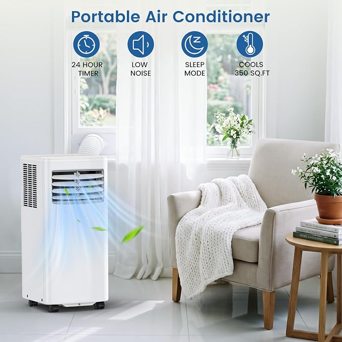 Electactic 8000 BTU Portable AC, 3-in-1 Air Conditioner with Dehumidifier & Cooling Fan, Remote Control, LED Display, Sleep Mode, Quiet, 24H Timer, 360° Casters & Window Kit, for Room Office Apartment
