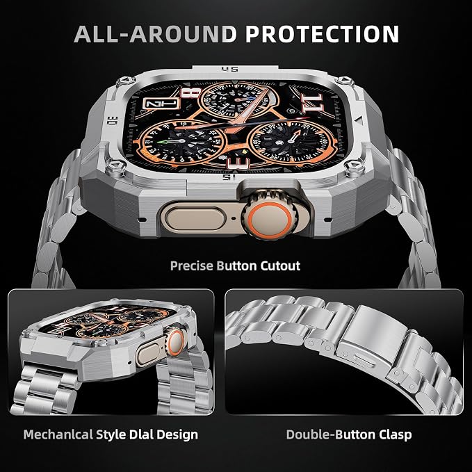 Business Stainless Steel Case with Band Compatiable for 49mm Apple Watch Ultra 3/2/1 bands for men, Rugged Metal Apple Watch Bumper Case Cover with Strap for iWatch Band,Silver
