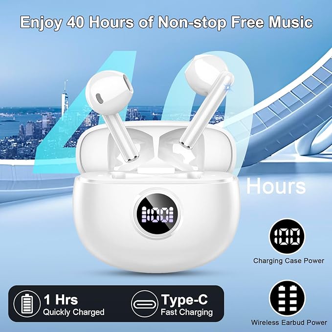 Wireless Earbuds, Bluetooth Headphones, Stereo Bass Ear Buds with ENC Noise Cancelling Mics, Bluetooth Earbuds with LED Display Charging Case, IP7 Waterproof Earphones for Android iOS/Light white