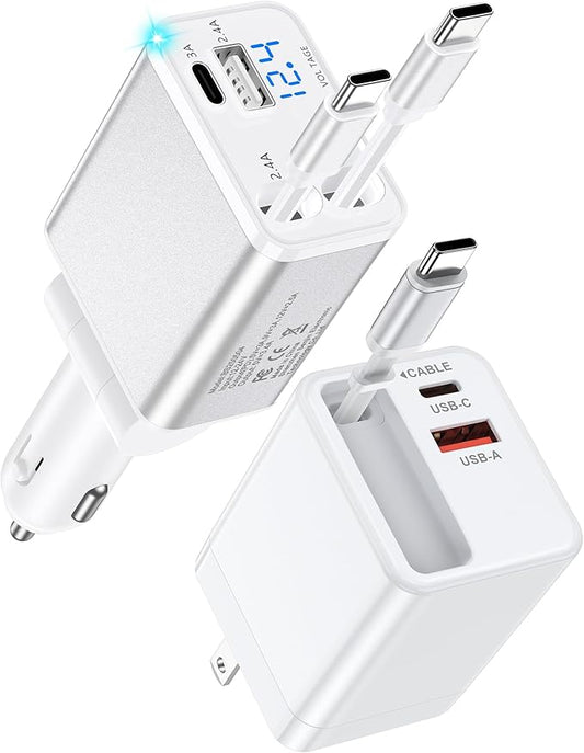 Retractable Charger Type C Cable for Google Pixel 10a 10 Pro Fold 10 XL 9a 9 8a, Fast Car Charger Adapter + Foldable Wall Plug Kit with Built in Type C Cord for iPhone 17e 17 Pro Max 17Pro 16e 16 15