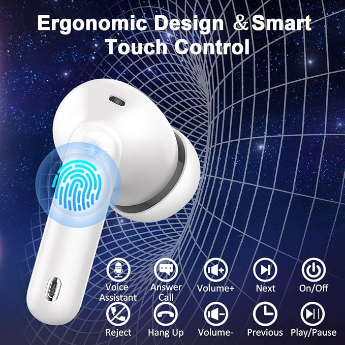 Wireless Earbuds, Bluetooth 5.4 Headphones In Ear with Noise Cancelling Mic, Bluetooth Earbuds Stereo Bass, IP7 Waterproof Sports Earphones, 50H Playtime USB C Charging White Ear Buds for Android iOS