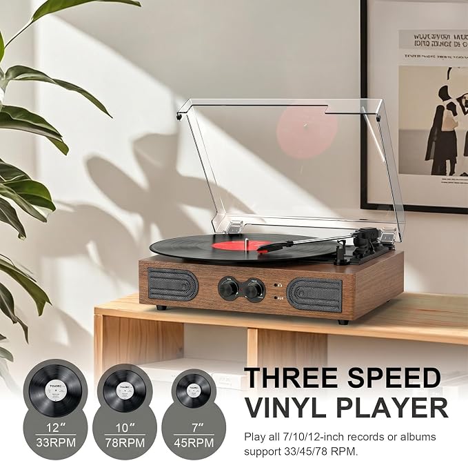 Vinyl Record Player with Built-in Stereo Speakers, 3-Speed Belt-Drive Turntable, Treble & Bass Control, RCA-Out/AUX-in, 3.5mm Headphone Jack—Vintage LP Player for Home & Gifts, Walnut