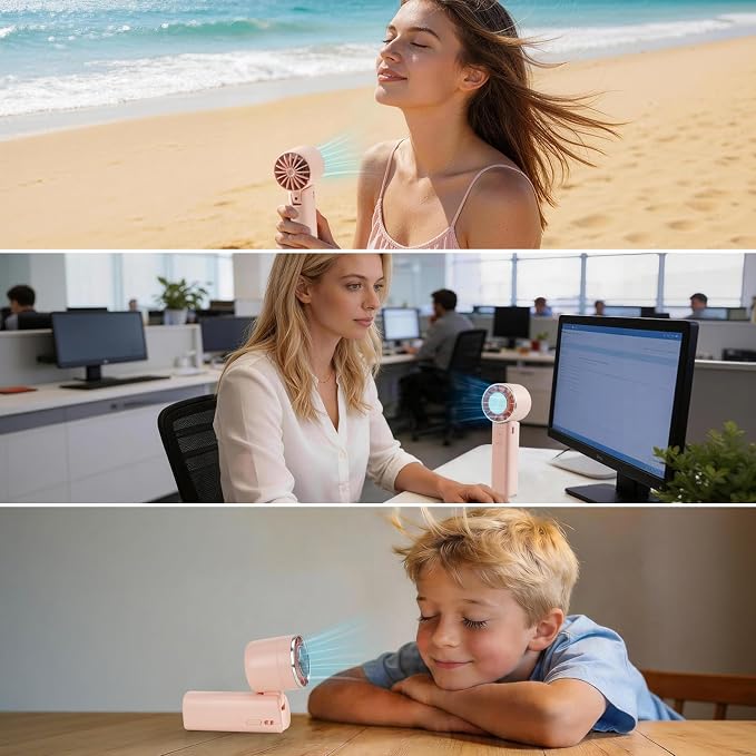 Hand Held Fan - 4 Speeds Adjustable 4800mAh,Foldable,Lightweight Neck-Worn Design,Beach Vacation Essentials,Portable Fan for Travel,Cooling for Camping Outdoor and Indoor - Pink