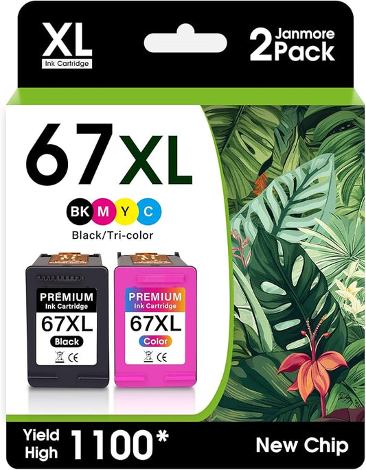 JANMORE 67XL Black and Color Combo Pack Ink Cartridges Compatible for HP Ink 67 67xl hp Printer Works for DeskJet 2755e 2855e 2700e 4155e 2734e 2827e 4100e Envy 6055 6455e-Print Clearly and Reliably