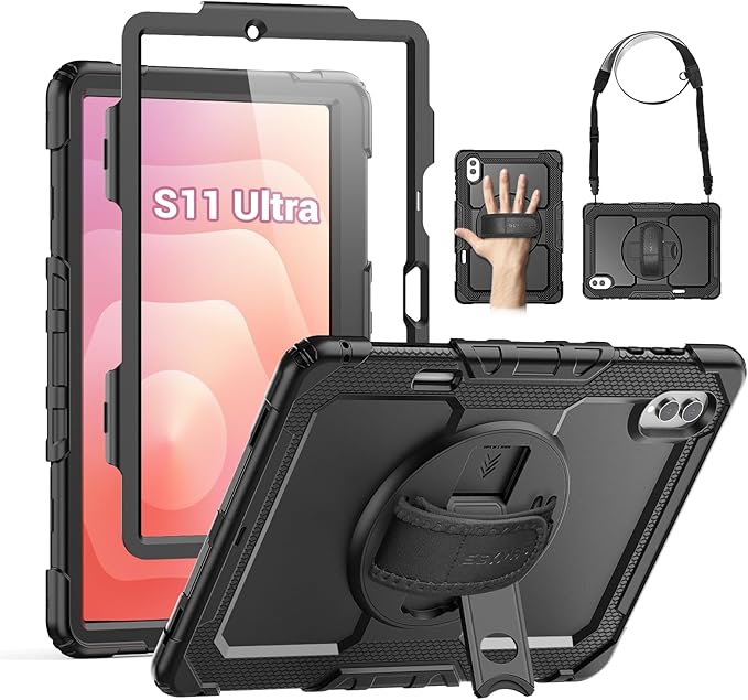 SEYMAC Case for Samsung Galaxy Tab S11 Ultra 5G 14.6 Inch 2025, Heavy Duty Shockproof Protective Case with Screen Protector, Rotating Stand and Hand/Shoulder Strap, Black
