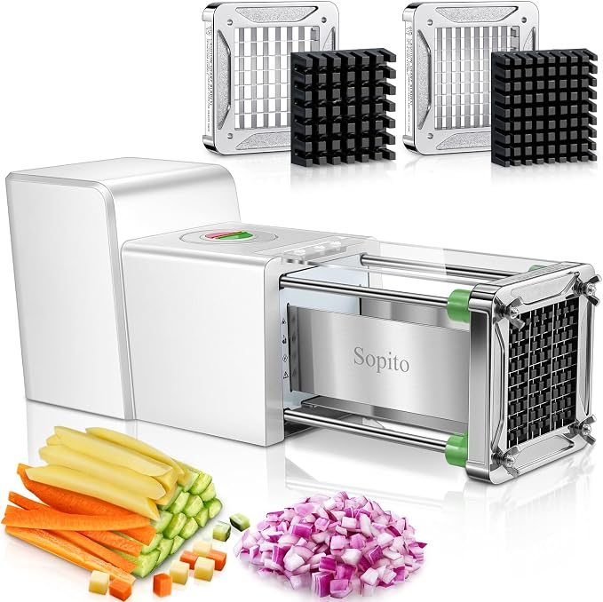 Sopito French Fry Cutter Electric - Stainless Steel Vegetable & Fruit Chopper with 1/2 & 3/8 Inch Blades for Potatoes, Carrots, Cucumbers & Onions