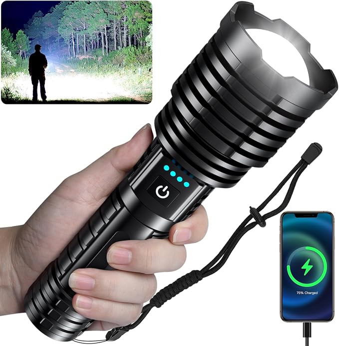 baibian Rechargeable Flashlights High Lumens, 100,000 Lumens Super Bright Flashlight, LED Handheld Waterproof Tactical Flashlights-Zoomable 5 Modes-31H Runtime-Holster for Emergency Camping
