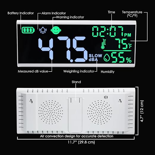 Decibel Meter 13" Sound Decibel Meter Display Time Temperature Humidity, Wall Mounted and Desktop Sound Level Meter with Buzzer Alarm Icons Indicator, Noise Meter for Classroom, Studio, Home, etc.