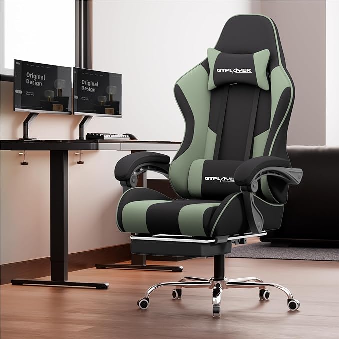 GTPLAYER Gaming Chair, Computer Chair with Footrest and Lumbar Support, Height Adjustable Game Chair with 360°-Swivel Seat and Headrest and for Office or Gaming (Green, Fabric)