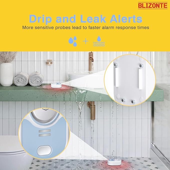 Water Leak Detector 3 Pack, 5-Year Battery Life, Water Alarm with Low Battery Warning, 100dB Loud Sound and Self-Test Function, IP66 Waterproof for Home Basement Kitchen(Not Support Wi-Fi)