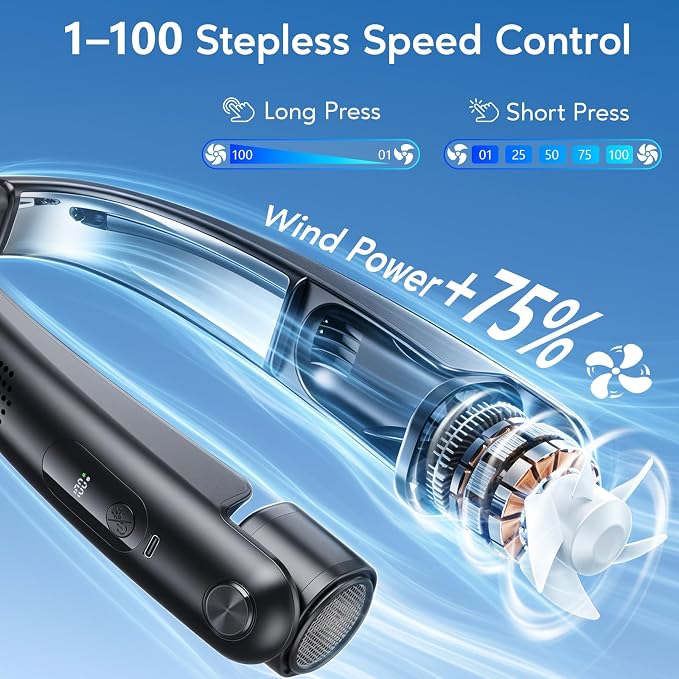 Portable Neck Fan with Cooling Plates, 6000mAh Rechargeable Wearable Fan with 1-100 Speed Control, Hands-Free Personal Cooling Fan with Digital Display, Adjustable Air Outlets for Travel Outdoor