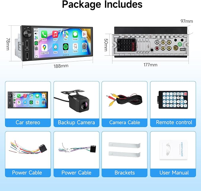 Single Din Car Stereo, 6 Inch Touchscreen Radio with CarPlay & Android Auto | Bluetooth, Mirror Link, Backup Camera, USB&Type-C, FM, SWC, EQ, Full Lamination Screen, Volume Knob