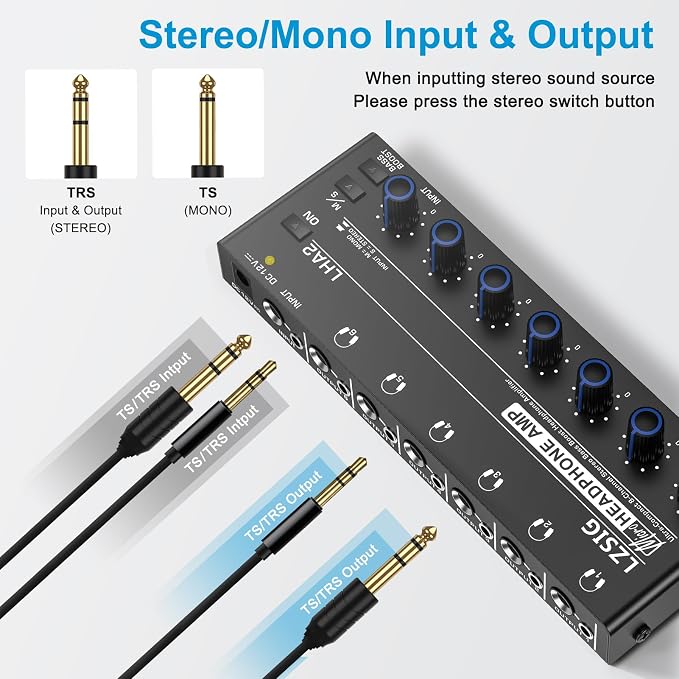 LZSIG Headphone Amplifier 6 Channel Metal Stereo Audio Amplifier with Bass Boost,Mini Earphone Splitter with Power Adapter,1/4" & 1/8" TRS Headphones Output and TRS Audio Input, DC 12V
