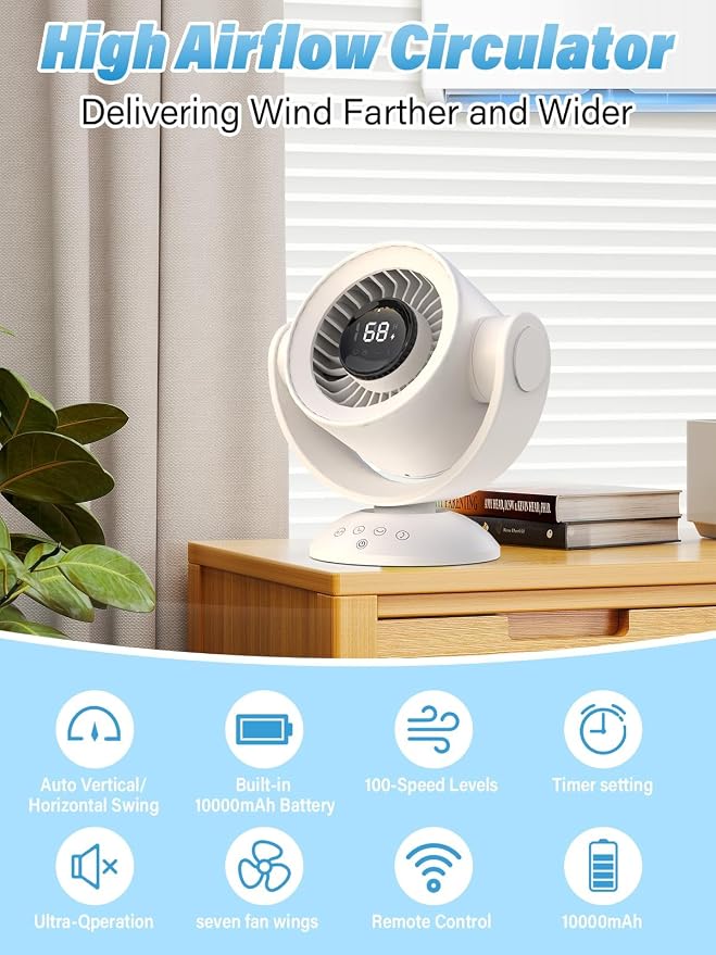 Desk Fans for Bedroom,Air Circulator Fan，90°Vertical +120°Auto Oscillating, 100 Speeds, 10H Timer, Quiet Fan, Digital Display Rechargeable USB, with Remote,for Home, Office（Beige）
