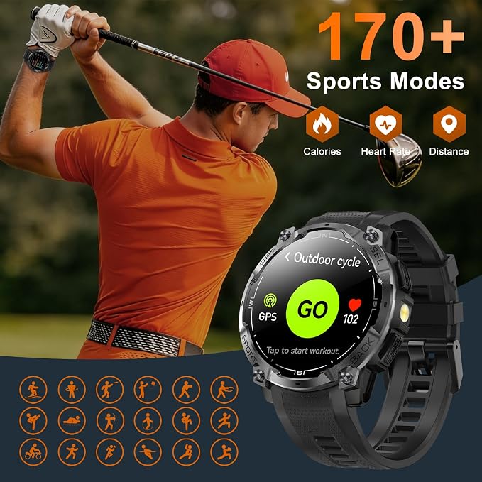 Rugged Military Smart Watch for Men with GPS, 1.43'' AMOLED Fitness Tracker Watch with Bluetooth Call/Flashlight/Compass, 170+ Sports Modes Waterproof Mens Smartwatch for Android iPhone