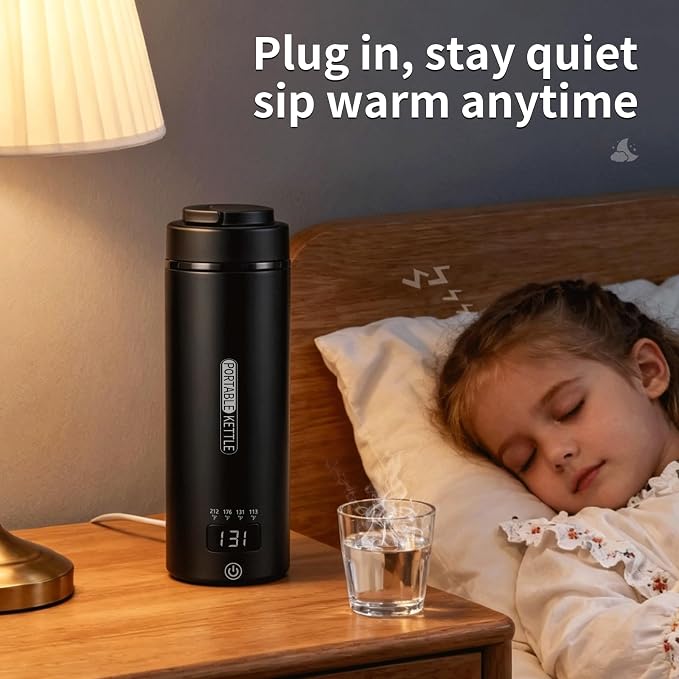 Travel Electric Kettle Small, Smart Water Bottle with 4 temperature control, 450 mL Portable Self Heating Kettle with Leak-Proof for Dormitories, Offices, Business Travel Hotels, 120V