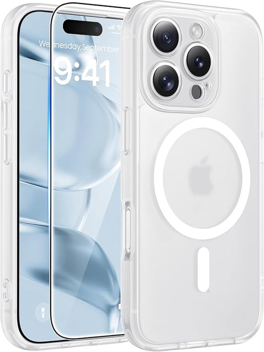 FNTCASE for iPhone 16 Pro Case: [Compatible with Magsafe] Translucent Matte Cases with [Full Camera Protection] [Screen Protector] Military Grade Shockproof Protective Phone Cover - White