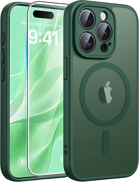 FNTCASE for iPhone 15 Pro Case: [Compatible with Magsafe] Translucent Matte Cases with [Full Camera Protection] [Screen Protector] Military Grade Shockproof Protective Phone Cover - Green