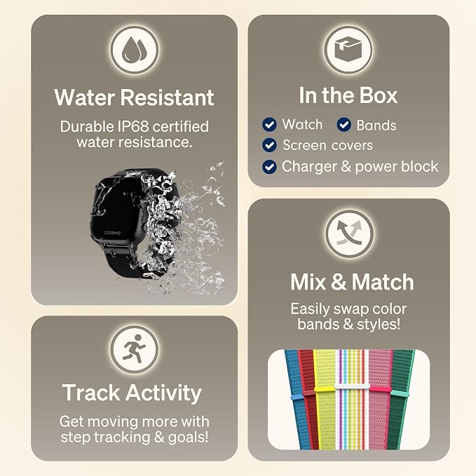 JrTrack 5 Kids Smart Watch by Cosmo | Best Kid-Safe Phone Watch | Precision Real-Time GPS Tracking | Call, Text, Activity, School Settings | Spotify Music | Parental Controls | SOS & Safety Alerts