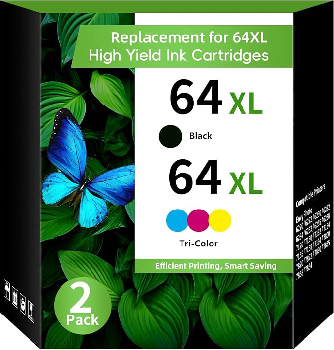 64XL Pack (2-Pack, BK, Tri-Color) Replacement for HP 64XL Ink Cartridge Combo Pack HP 64 XL HP Ink Cartridges Black and Color for HP Envy Photo 7858 7855 7155 6255 6252 6230 Envy 7255e 7955e Printer