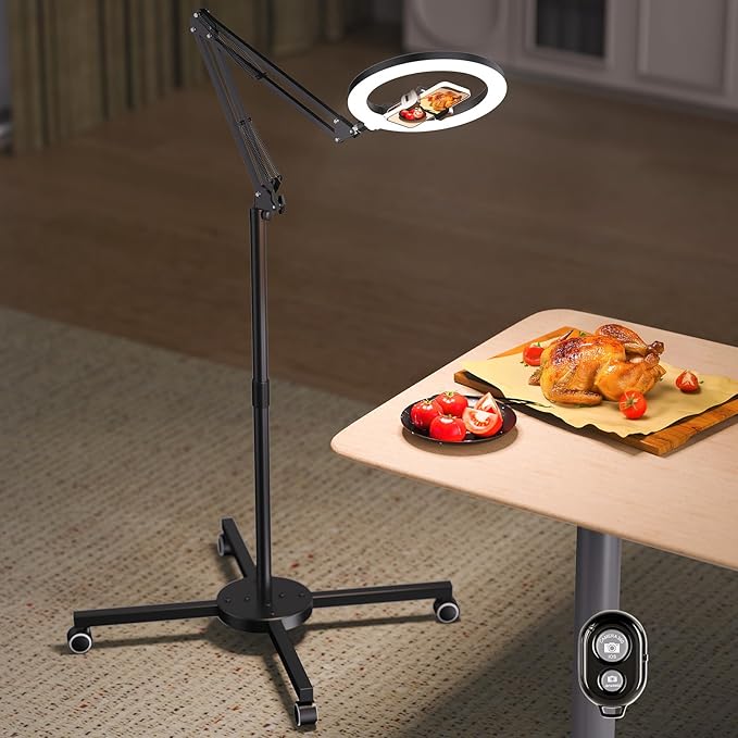 Ring Light Tripod for iPhone Overhead Camera Mount, LUXSURE Ring Light with Stand and Phone Holder with Casters & Flexible Arm, Phone Tripod with Light for Video Recording,Live Streaming,Cooking