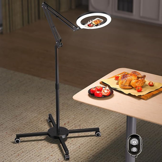 Ring Light Tripod for iPhone Overhead Camera Mount, LUXSURE Ring Light with Stand and Phone Holder with Casters & Flexible Arm, Phone Tripod with Light for Video Recording,Live Streaming,Cooking