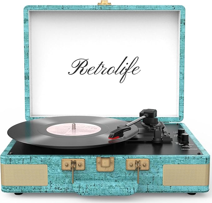 Retrolife Record Player 3 Speed Bluetooth Portable Suitcase Vinyl Player with Built-in Speakers Turntable Enhanced Audio Sound PU Leather Vintage