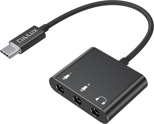 Cubilux USB C Microphone Adapter with Dual 3.5mm TRS Mic Input & Headphone Monitoring, for iPad, iPhone 17/16/15 Series, Android, Tablet, Ideal for Podcast, Zoom, Interview, Vlog