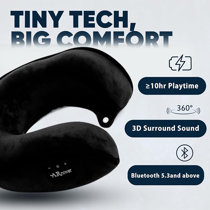 Bluetooth Music Neck Pillow Plus+ Thicker Support Wireless Bluetooth Speaker Suitable Airplane,Train,Car,Office,Outdoor Camping for Sleeping, Resting The Best Travel Essentials. (Black)