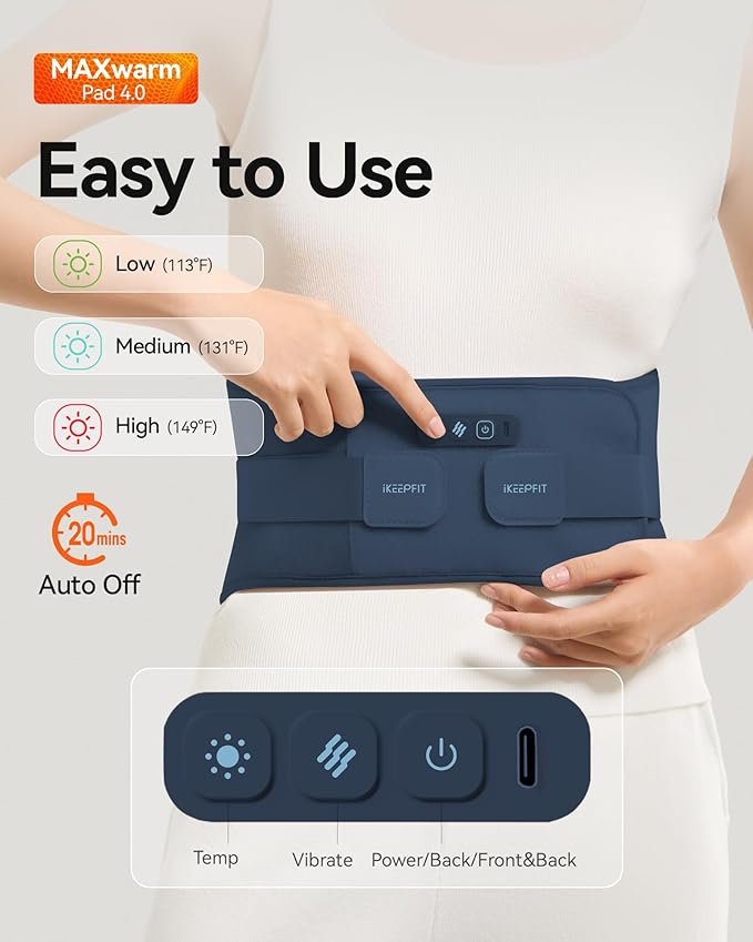 IKEEPFIT Cordless Heating Pad with Massager for Back Pain Relief: MAXwarm® 4.0, Portable Heated Back Brace with Lumbar Support for Sciatica, Large 8000mAh Battery, for Women Men 70"