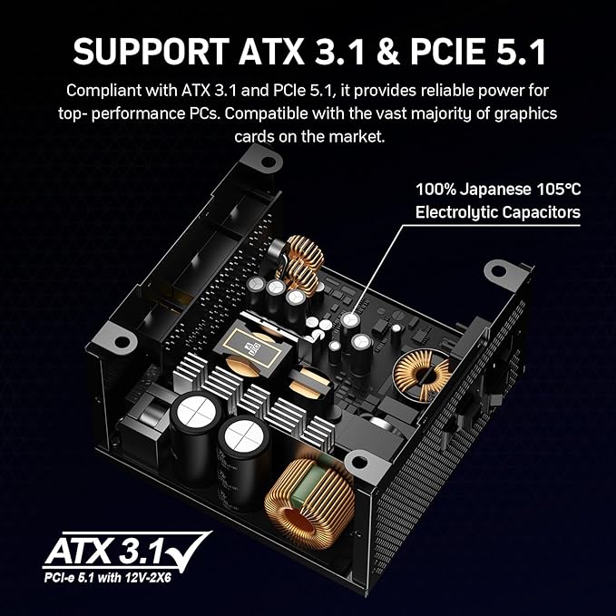 850W Fully Modular Power Supply, 80+ Gold Certified PSU, ATX 3.1 & PCIe 5.1 Ready, 12V-2x6 Native Connector, 140mm RGB Low-Noise Smart Fan, 105℃ Japanese Capacitors, Black