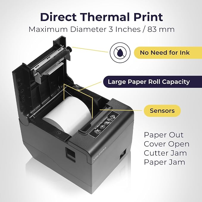 Volcora Thermal Receipt Printer, 80mm POS Printer w/Auto Cutter, USB/WiFi Interface for Windows/MAC/Linux, ESC/POS Command Support Cash Drawer, High Speed Kitchen Printer, Wall Mount (Black)
