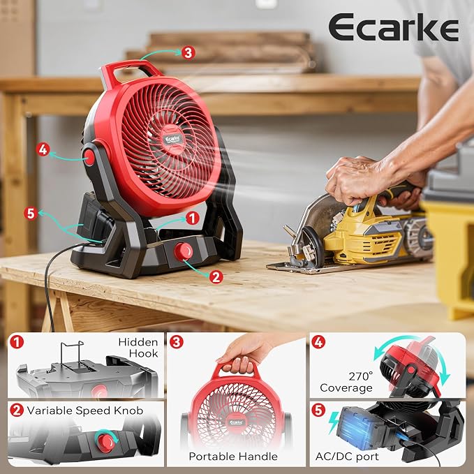 Ecarke 10" Portable Floor Fan Compatible with Milwaukee 18V Battery (Tool Only) AC Power 3500RPM High Airflow Cordless Fan with Hook 3-Speed Quiet Operation for Jobsite Camping Tent