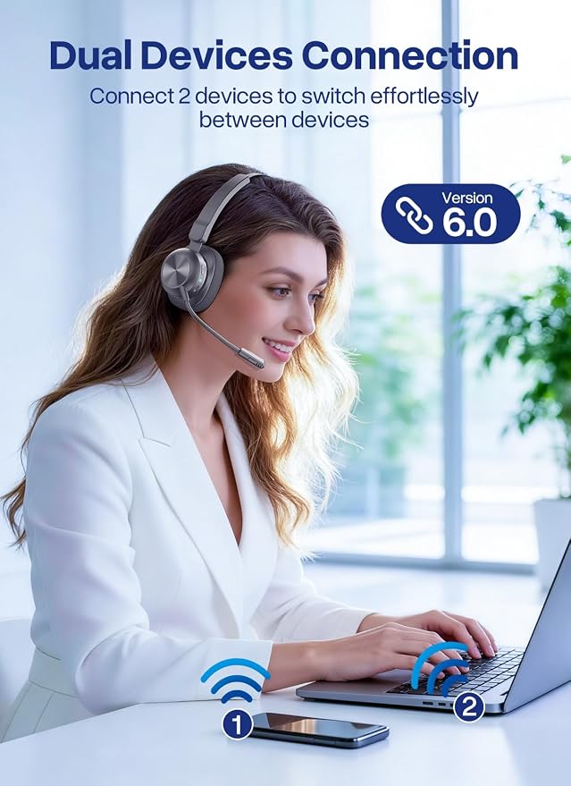 Bluetooth Headset with USB Dongle, Trucker Bluetooth Headset with AI Noise Cancelling Microphone & Mute Button, 50Hrs Single Ear Wireless Headphones for Truck Driver Phone Computer Office Work, Ash