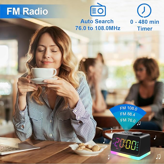 JALL Digital Alarm Clock with FM Radio for Bedroom, 8 Colors Night Light with 2 Charging Port, Sleep Sound Machines with Timer, Dual Alarm, Loud Alarm and Easy to Use for Seniors as Gift