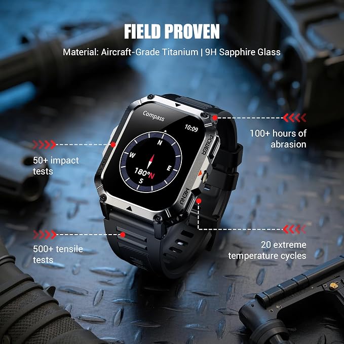 Military Tactical Smart Watches for Men, 100-Day Battery Rugged Fitness Watch with Compass & Flashlight, Sports Watch for Android with 2.01" HD Display AI Voice, IP68 Waterproof Smartwatch (Black)