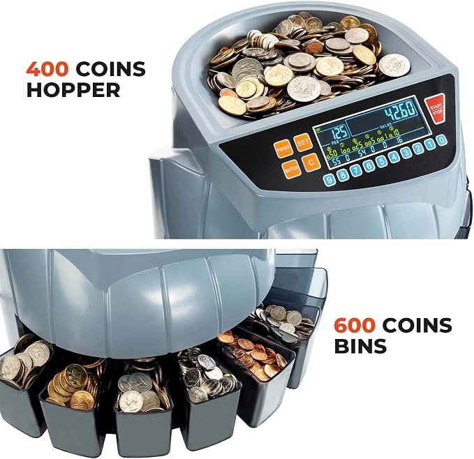 MUNBYN Coin Counter Machine, Coin Sorter Machine, 1¢, 5¢, 10¢, 25¢, 50¢ and Dollar, 250 Coins/min, Compatible with Printer, Batch Mode Change Counter Machine, 6 Bins and Tubes Roller