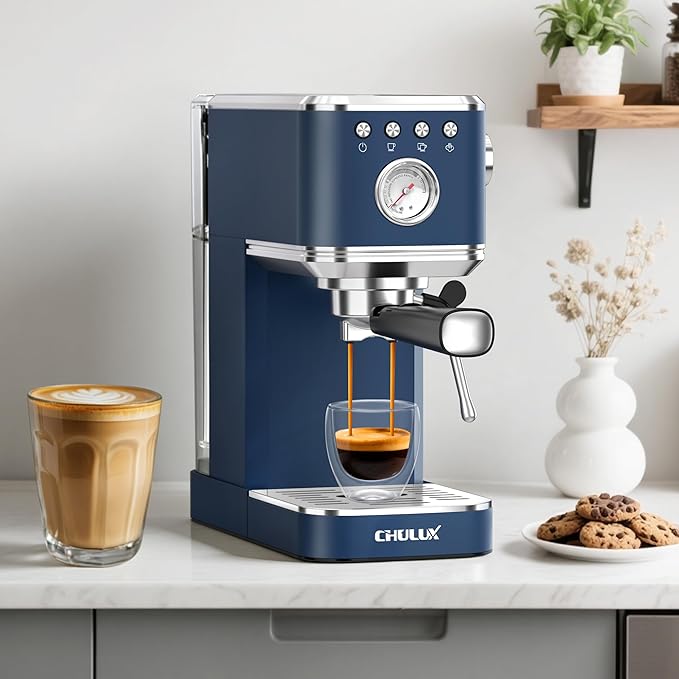 CHULUX Slim Espresso Machine with Milk Frother, 20 Bar Professional Italian Pump Espresso Coffee Machine for Home Cappuccino & Latte Maker, Stainless Steel, Dark Blue