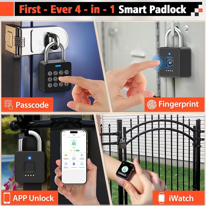 Eseesmart Fingerprint Locker Lock with Code, Combination Padlock Smart Fingerprint Biometric Keyless Combo Lock Waterproof for Outdoor Fence Gate Shed Gym School Locker Storage