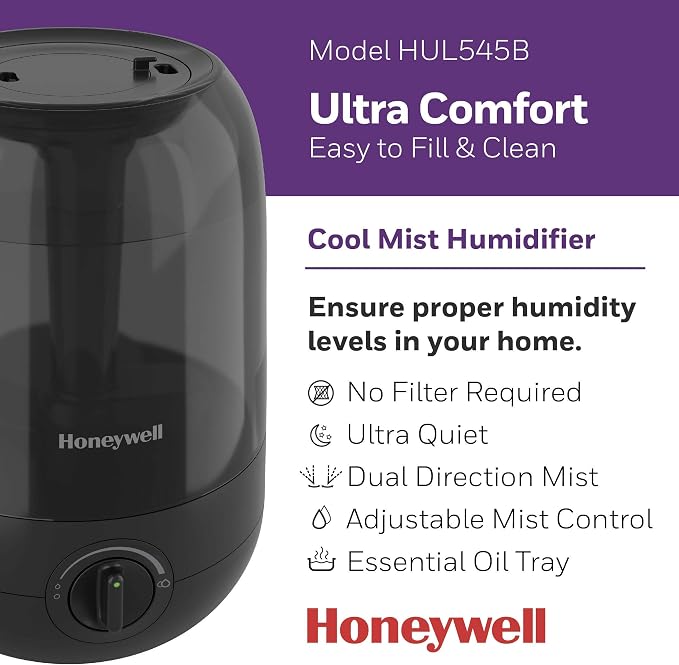 Honeywell Ultra Comfort Cool Mist Humidifier, No Filter, Easy to Fill and Clean, Cleaning Brush Included, Ultra Quiet, Use Air Humidifier with Essential Oils for Extra Comfort, Black, HUL545B